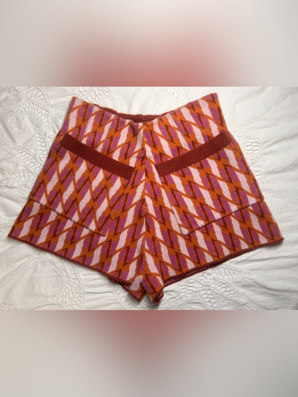 Free People Geometric Knit High-Waist Shorts Retro Cozy Pink Orange Rust Size XS